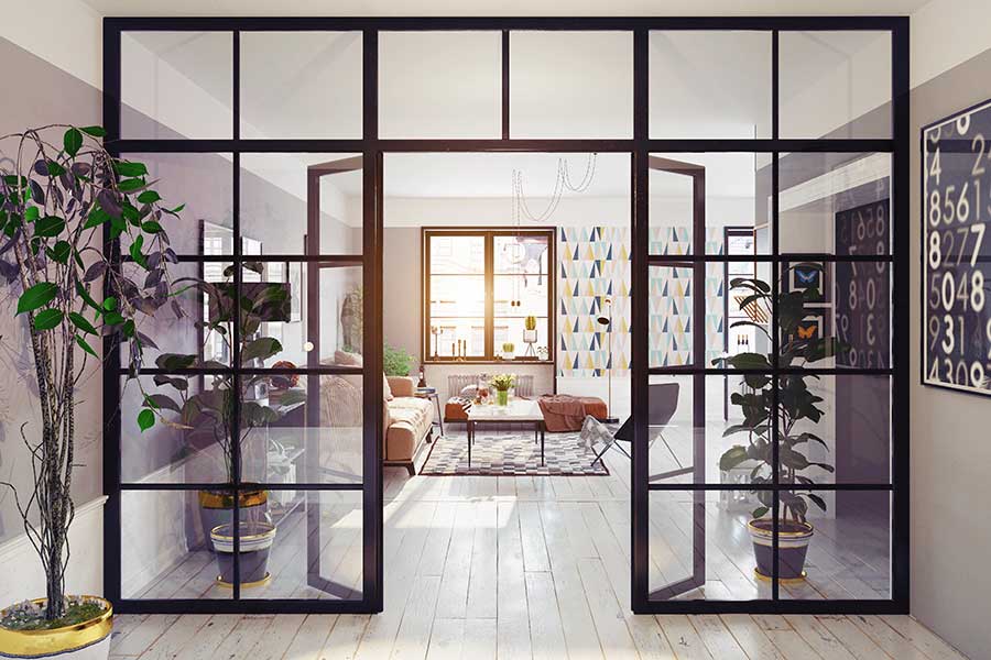 Industrial style glass interior partition with double doors