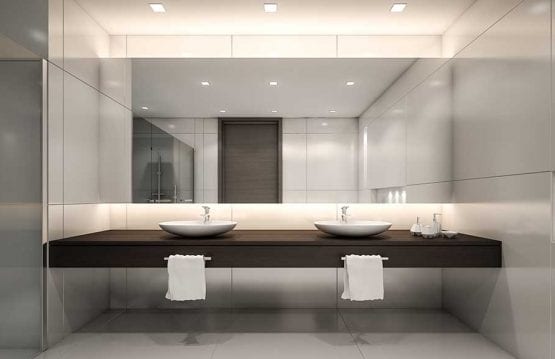 Full width bespoke bathroom mirror with twin was basins