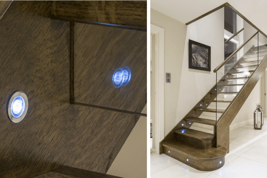 Staircase glass risers with built-in LED lights