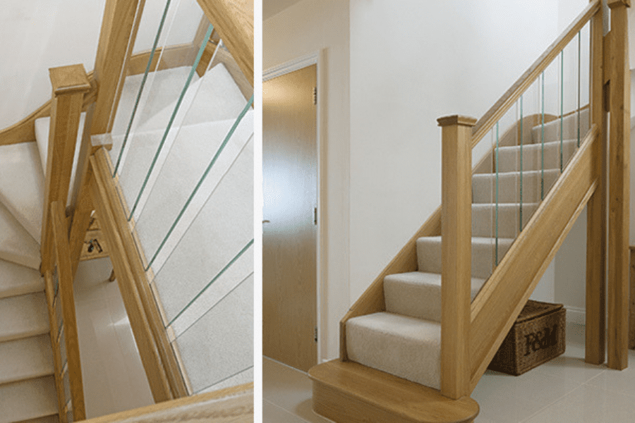 Glass spindles rebated into staircase balustrades