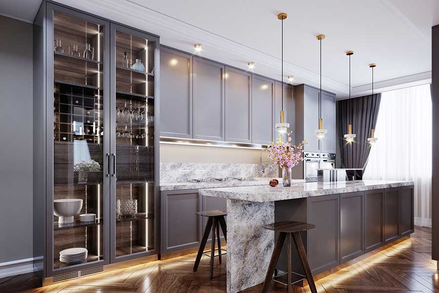 Glass trends include full height kitchen cupboards with glazed doors