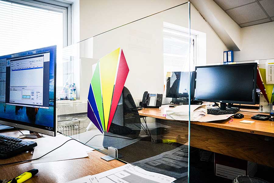 Desk mounted glass office covid safety screens by abc Glass Processing