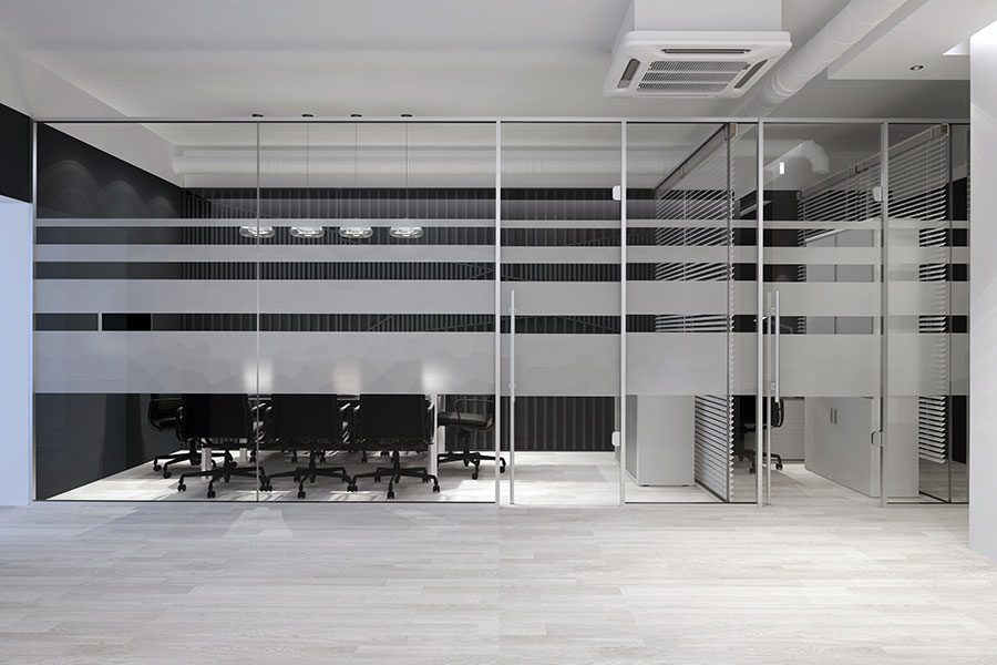 Office partition with frosted glass stripes